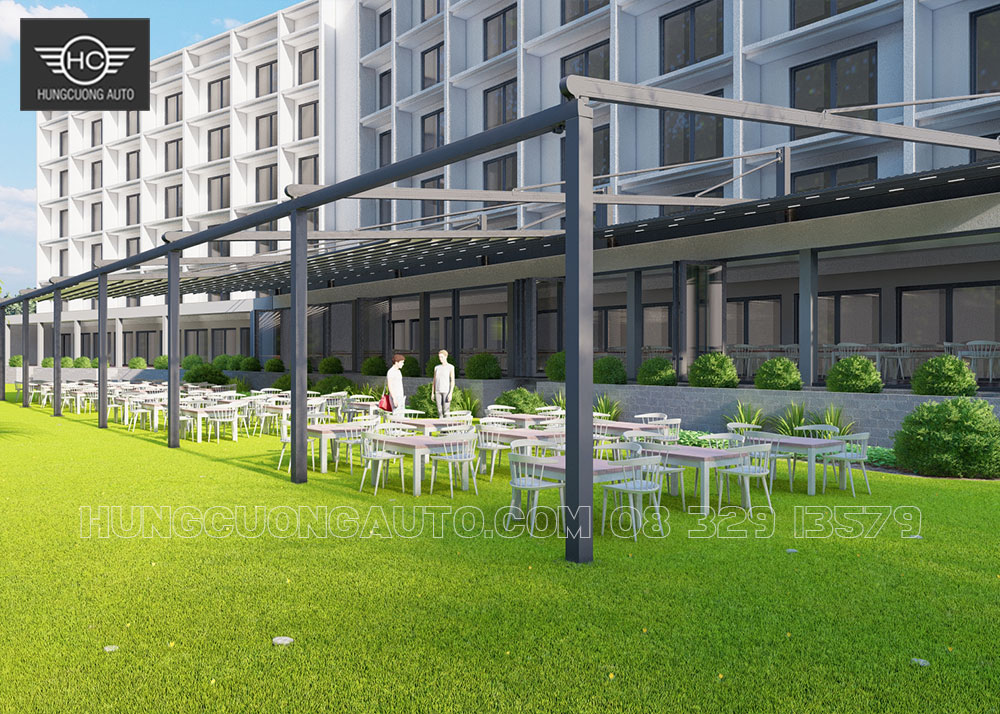 Bản vẽ thiết kế 3D mái xếp khung nhôm cho quán cafe siêu đẹp