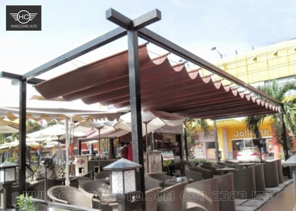 Mái bạt kéo quán cafe màu nâu đẹp Mái bạt kéo quán cafe màu nâu đẹp