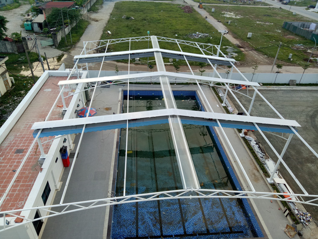 Thi công mái bạt xếp di động tại bể bơi trường học Archimedes Đông Anh 